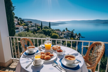 Breakfast on the veranda of the hotel with a magnificent view. AI generative