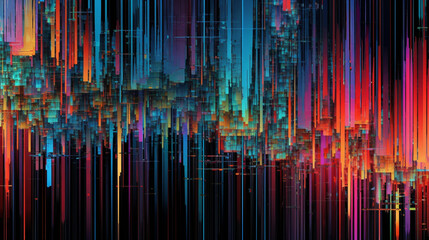 Cyberpunk colorful neon rain on a black background Retro illustration of glowing stripes diagonal and straight gradations sci-fi art, generative AI
