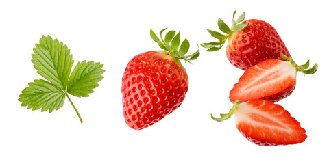 Wall Mural - Fresh sweet whole and sliced strawberry and leaves closeup flying isolated on a white background.  