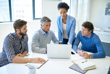 Canvas Print - Business people, meeting and computer management discussion and planning with online seo analytics. Diversity, communication and staff working together with teamwork and collaboration for web project