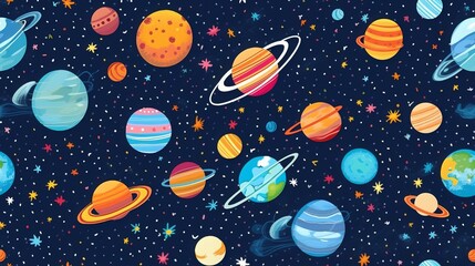 Seamless background pattern with cosmos, moon, stars and planets