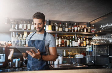 Poster - Man in cafe, tablet and small business with inventory check, entrepreneur in hospitality industry and connectivity. Happy male owner, restaurant franchise with digital admin and stock taking