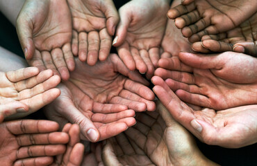 Poster - Open hands, diversity and palm with helping community, hunger and support. Poor, poverty and charity help with people and trust with crowd and society union donation and giving question from above