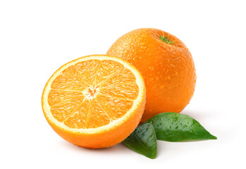 Wall Mural - fresh orange with cut in half and water droplets isolate on white background. clipping path.