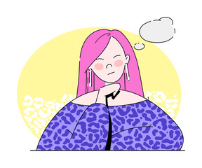 Sticker - Young Thinking Woman with Purple Hair and Empty Thought Bubble Vector Illustration