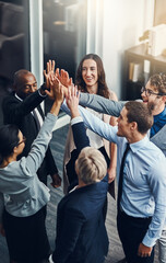 Poster - Motivation, high five and success with business people in office for support, winner and teamwork. Collaboration, diversity and community with group of employees for solidarity, target and goals