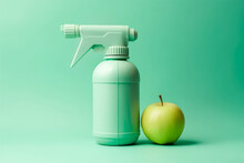 Generative AI illustration of plastic spray bottle placed near fresh apple on green background