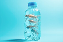 Generative AI Illustration Of Small Fish Swimming In Transparent Plastic Bottle Against Blue Background