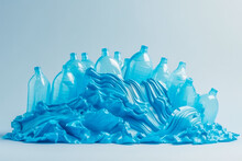 Generative AI Colorful Illustration Of Pile Of Garbage Of Empty Blue Plastic Bottles Of Water Melting Down Against Blue Background