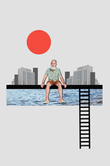 Sticker - Vertical photo of retired man beard sit calm relax time chill city outdoor sightseeing near ladder seaside isolated over town background