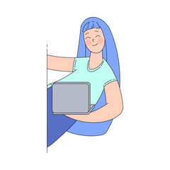 Sticker - Smiling Woman Character Looking Out of Corner with Laptop Vector Illustration