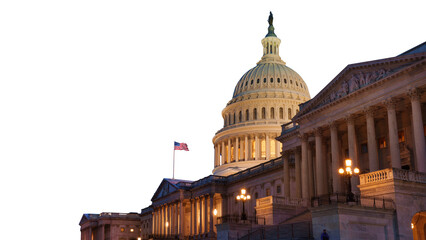 us capitol building at night isolated on free png background, washington dc, usa.