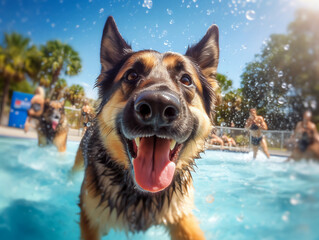 Poster - Excited german shepherd dog at pool party swimming and playing in the water - Generative AI