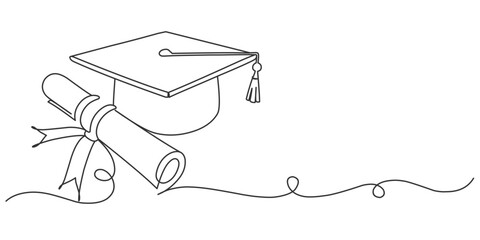 Wall Mural - hand drawn line art vector illustration of graduation hat, graduation line art style vector illustration