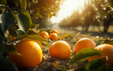 Ripe oranges ready for harvesting in orchard at sunny day. Fresh organic fruit. Generative Ai image