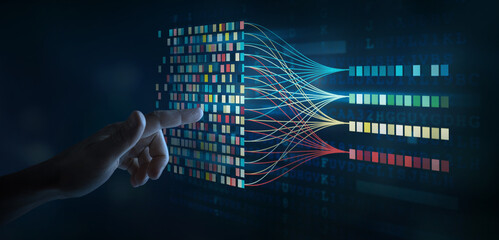 data science and big data technology. big data analytics visualizing complex data set on touchscreen