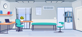 Fototapeta Dinusie - An interior design of a medical doctor's office. Empty physician cabinet in a hospital. Healthcare practitioner's workplace with furniture and work equipment. Cartoon vector illustration.