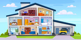 Fototapeta  - A cut view of a three-story house. The interior design of a modern suburban home with a garage, kitchen, living room, attic, and bathroom in a cross sectional view. Cartoon vector illustration.