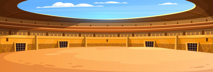 Empty ancient gladiator arena. Game background for fighting competition location. Landscape view of a coliseum, an ancient Roman amphitheater. Cartoon vector illustration of an ancient stadium.