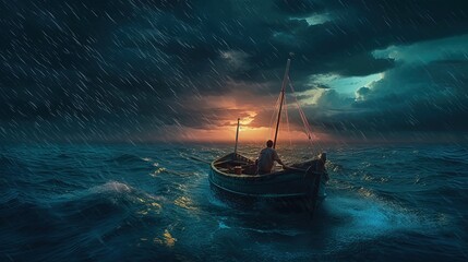 a man navigating a magical vessel amidst turbulent ocean waves with thunder and lightning. fantasy c