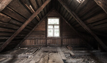 Abstract Grunge Interior, Perspective View Of An Abandoned Attic Room