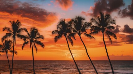 Wall Mural - Silhouette of palm trees Beautiful sunset on the tropical sea beach background, Generative AI