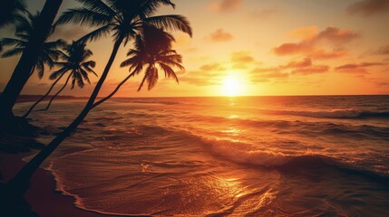 Wall Mural - Beautiful tropical beach with palm trees silhouettes at dusk, Generative AI