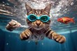 © Digital Dreamscape - Funny tabby cat wearing goggles swimming underwater in a pool for humorous pet and aquatic concepts