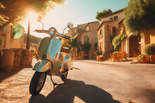 Exploring The Heart Of Italy: Traverse Serene Villages On A Vintage Vespa, Soaking In The Vibrant Summer Background, Where Old-World Charm Meets Modern Freedom