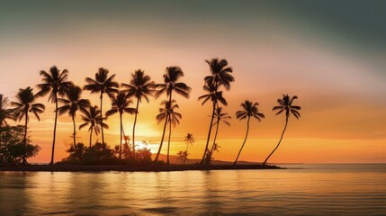 Wall Mural - Silhouette coconut palm trees on beach at sunset, Generative AI