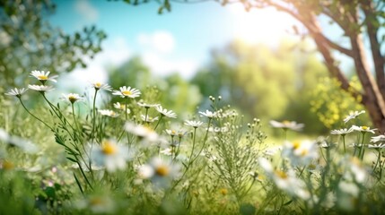 Wall Mural - Beautiful blurred spring background nature with blooming glade chamomile, trees and blue sky on a sunny day