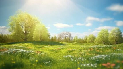 Beautiful blurred spring background nature with blooming glade, trees and blue sky on a sunny day