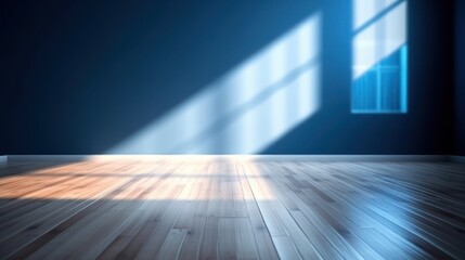 Blue empty wall and wooden floor with interesting light glare. Interior background for the presentation