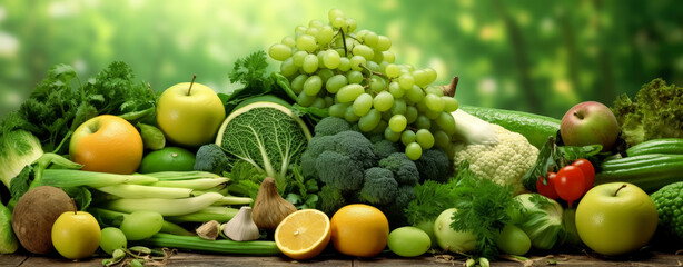 Wall Mural - Fresh fruits and vegetables on a wooden table with beautiful sky.