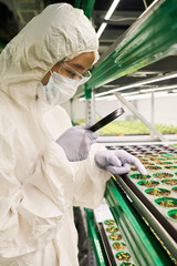 Aufkleber - Side view of young female biologist in hazmat suit studying sprouts of garden plants growing in small pots on vertical trusses in hothouse
