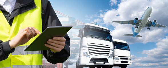 Poster - Hands with a digital tablet on a background of a ship loaded with containers in the seaport, airplane and trucks. International trade and logistics concept.