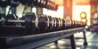 © losmostachos - Gym interior background of dumbbells on rack in fitness and workout room - Generative AI