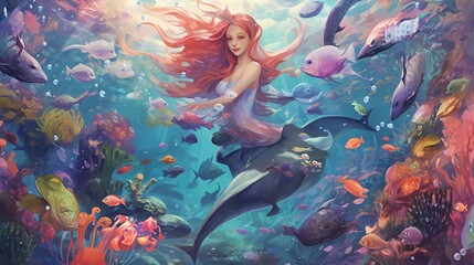 An underwater scene with a magnificent mermaid swimming alongside playful dolphins, surrounded by colorful coral reefs and shimmering schools of fish. Made using generative AI.