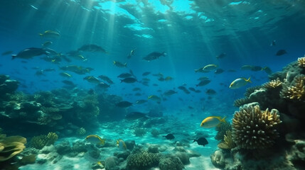 Wall Mural - Tropical sea underwater fishes. Generative Ai