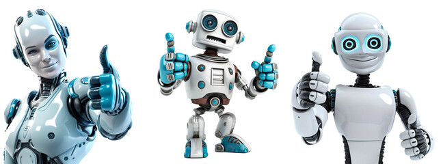 set of friendly robot giving thumbs up on transparent background