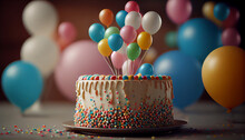 Tasty Birthday Cake On Table Blurred Balloons BackgroAi Generated Image