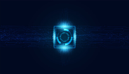 Fototapete - Digital AI concept, circuit board. Square on blue background, beautiful futuristic technology.