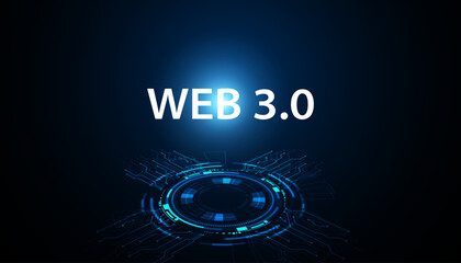 Fototapete - Digital Web 3.0 concept. Semantic Web and AI algorithms analyze, interpret and evaluate data such as DeFi, Crypto, NFT, DApps, Smart Contract or Blockchain on a beautiful blue background.