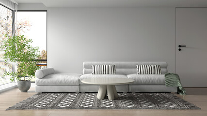 The minimal living room interior design and empty white  wall and wood floor and garden view background and white sofa