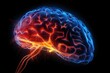 Human brain as neurons transmit impulses. Artificial intelligence, AI, Neurology, cognition, neuronal network, psychology, meditation concept. Generative AI. Digital Art Illustration