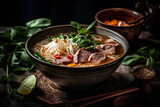 Fototapeta Przestrzenne - Delicious Steaming Bowl of Pho: Authentic Vietnamese Noodle Soup. AI generated