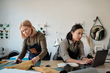Aufkleber - Young serious female leatherworker communicating with online clients while typing on laptop keyboard against mature colleague with textile