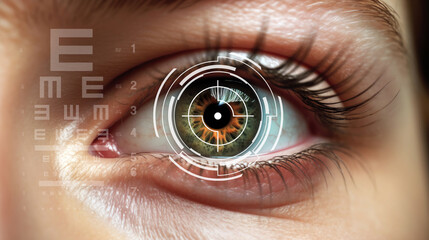 Concept of laser eye surgery for glaucoma: Close-up of eye with reticle or target overlay, also useful for conveying Lasik procedures