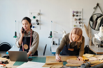 Aufkleber - Young craftswoman talking to client on smartphone and using laptop while checking information about online order against mature colleague