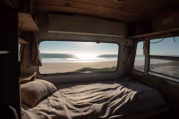 Wall Mural - Beautiful sunny morning  view on ocean beach from bed on motor home caravan camping car RV with view on the water. Spending time travelling in recreation vehicle, sustainable freedom nature concept. 